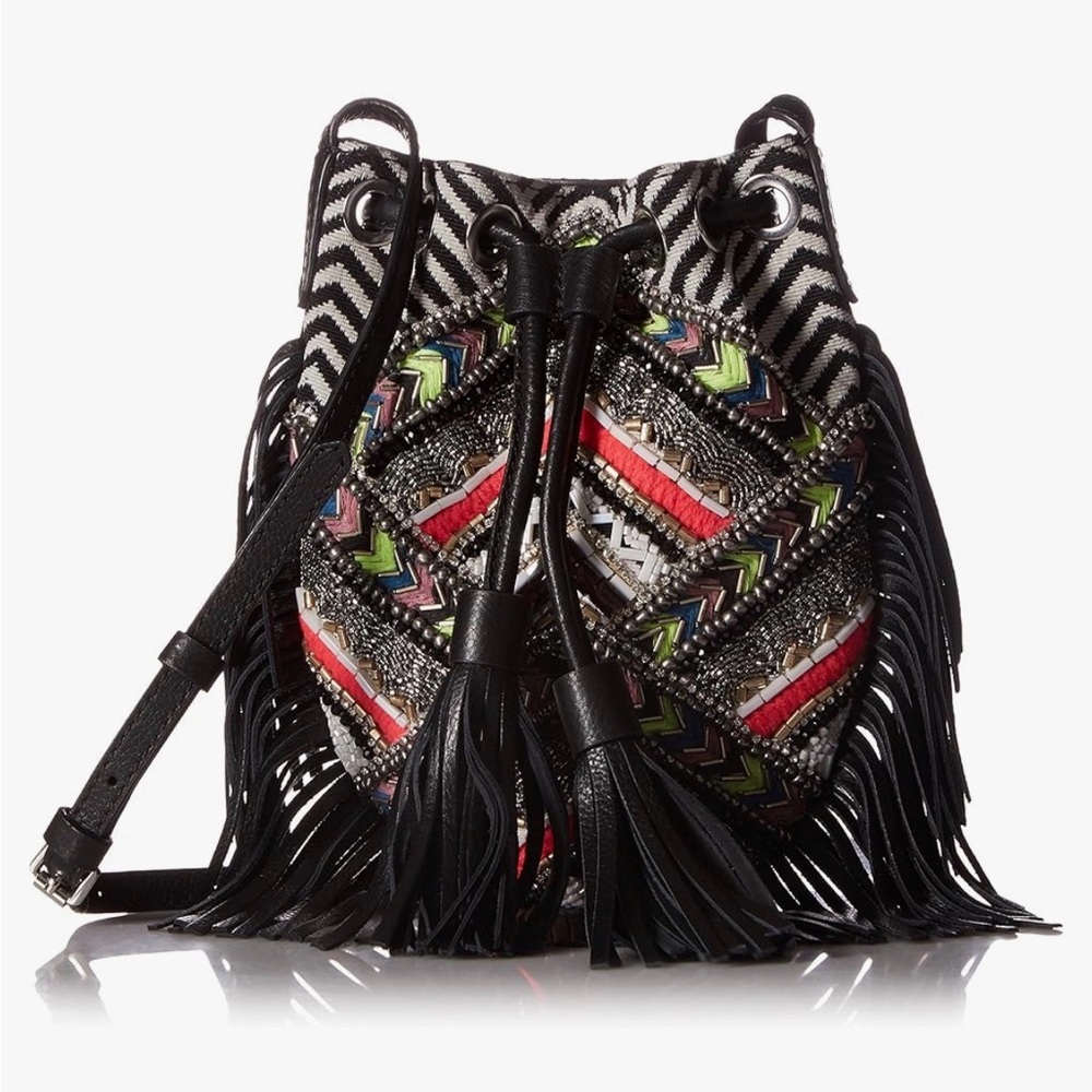 Rebecca Minkoff Black Fringe Drawstring Crossbody with Multicolor Beaded Front